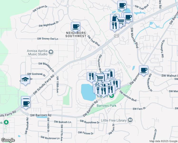 map of restaurants, bars, coffee shops, grocery stores, and more near 15270 Southwest Sparrow Loop in Beaverton