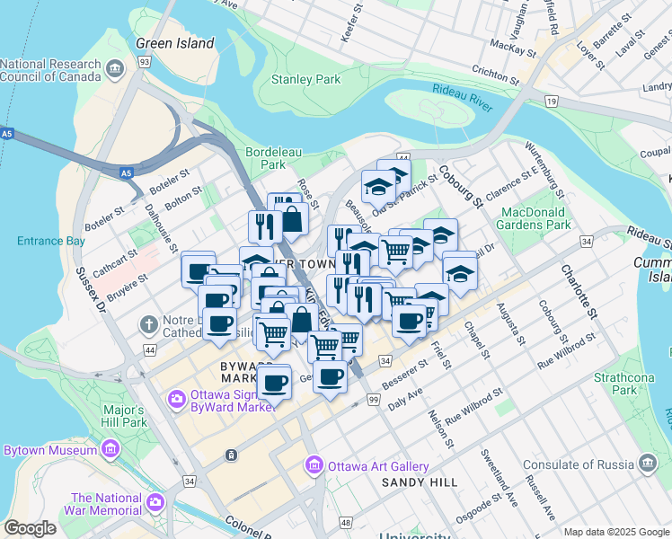map of restaurants, bars, coffee shops, grocery stores, and more near in Ottawa