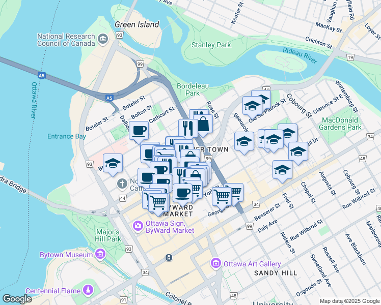 map of restaurants, bars, coffee shops, grocery stores, and more near in Ottawa