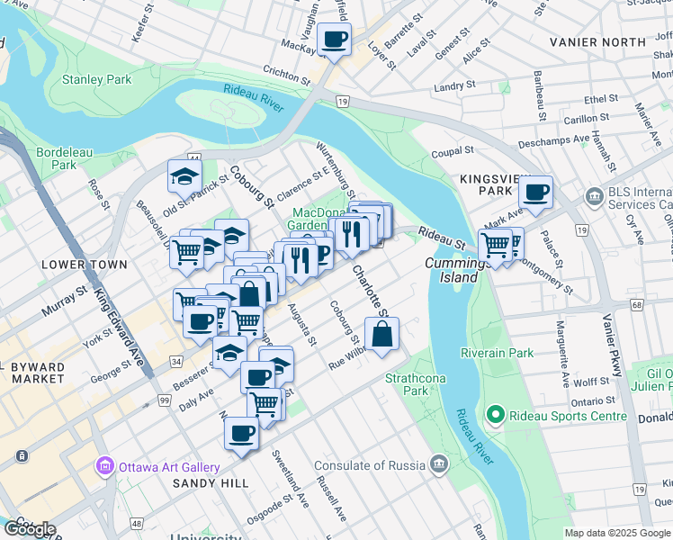 map of restaurants, bars, coffee shops, grocery stores, and more near 560 Rideau Street in Ottawa