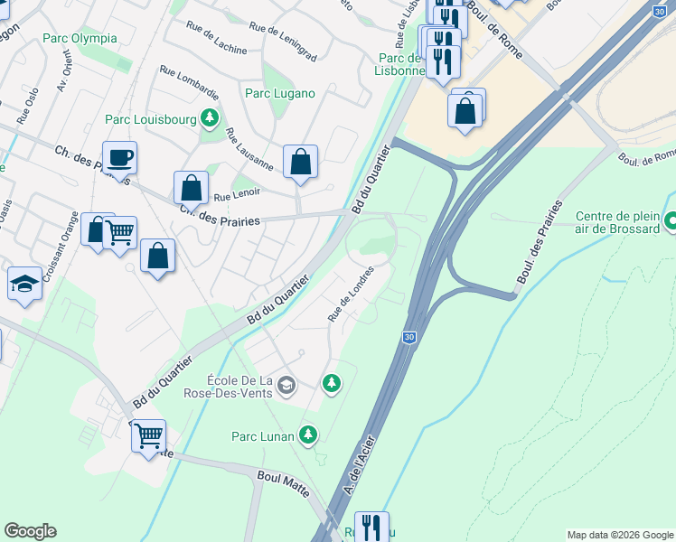 map of restaurants, bars, coffee shops, grocery stores, and more near 6100 Rue de Lusa in Brossard