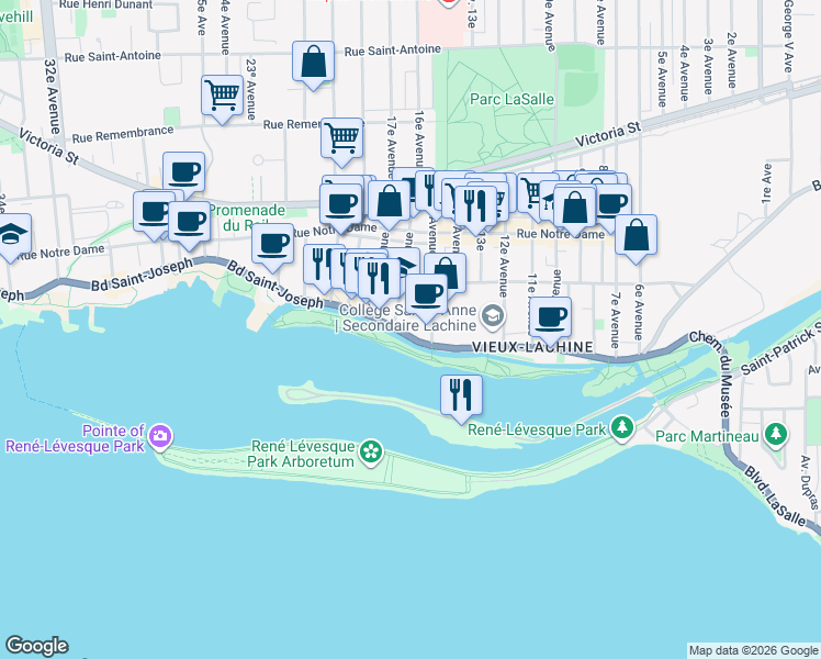 map of restaurants, bars, coffee shops, grocery stores, and more near 1550 Boulevard Saint-Joseph in Montréal