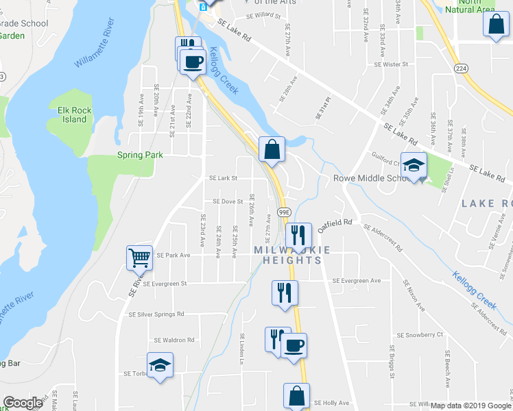 map of restaurants, bars, coffee shops, grocery stores, and more near 12502 Southeast 26th Avenue in Milwaukie