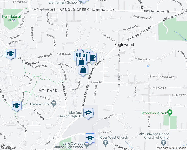 map of restaurants, bars, coffee shops, grocery stores, and more near 12886 Southwest Boones Ferry Road in Lake Oswego