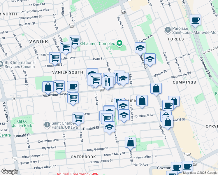 map of restaurants, bars, coffee shops, grocery stores, and more near 411 McArthur Avenue in Ottawa