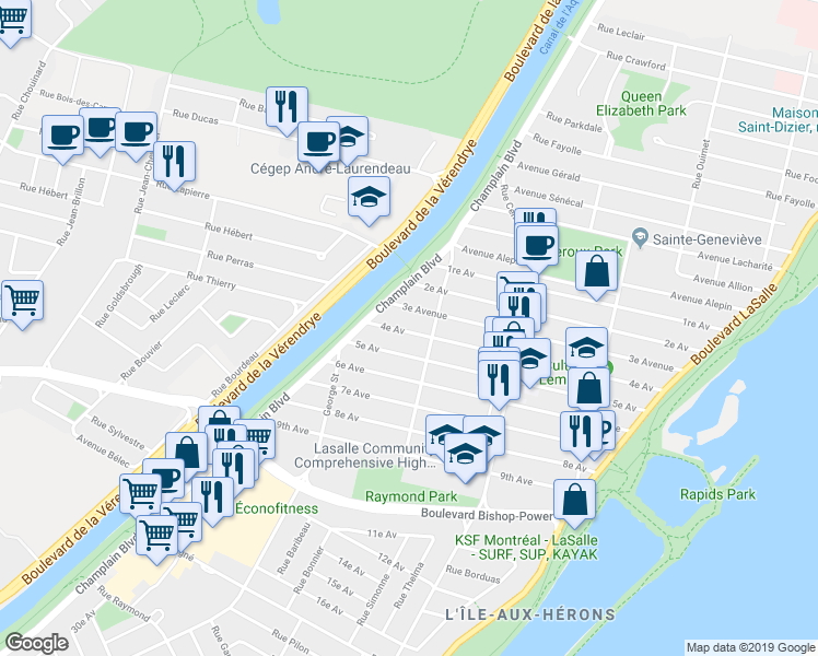 map of restaurants, bars, coffee shops, grocery stores, and more near 305 4e Av in Montréal
