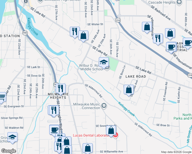 map of restaurants, bars, coffee shops, grocery stores, and more near 12571 Southeast Guilford Drive in Milwaukie