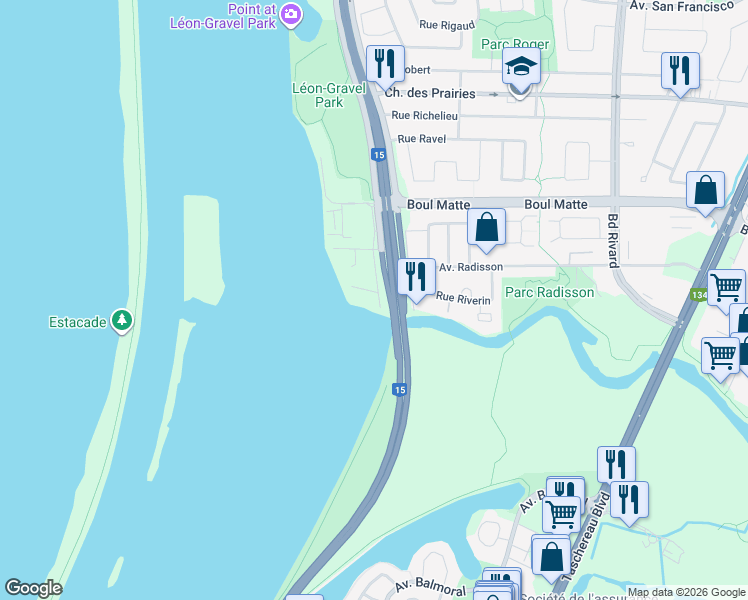 map of restaurants, bars, coffee shops, grocery stores, and more near 9500 Rue des Rubaniers in Brossard