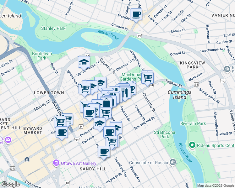 map of restaurants, bars, coffee shops, grocery stores, and more near 141 Augusta Street in Ottawa