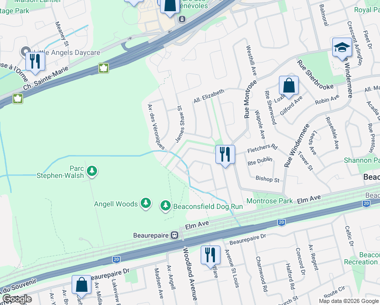map of restaurants, bars, coffee shops, grocery stores, and more near 284 Rue Alice Carrière in Beaconsfield