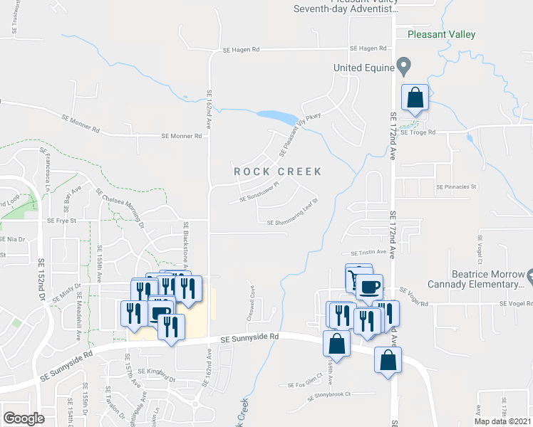 map of restaurants, bars, coffee shops, grocery stores, and more near 12568 Southeast 162nd Avenue in Happy Valley