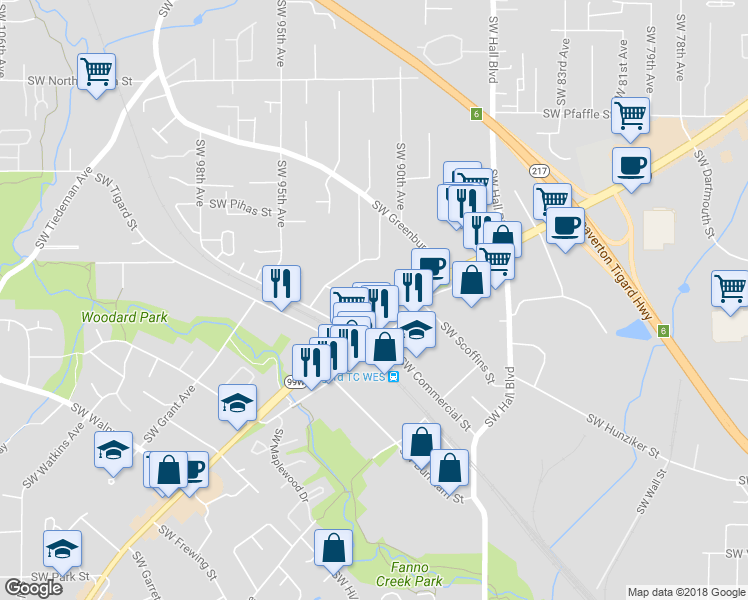 map of restaurants, bars, coffee shops, grocery stores, and more near 9125 Southwest Center Street in Tigard