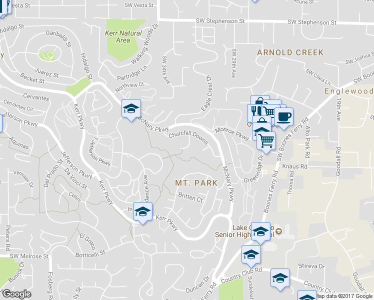 map of restaurants, bars, coffee shops, grocery stores, and more near 28 Preakness Court in Lake Oswego
