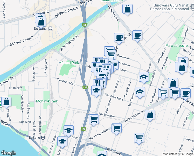 map of restaurants, bars, coffee shops, grocery stores, and more near 410 Avenue Lafleur in Montréal