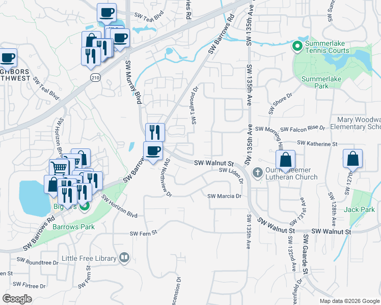 map of restaurants, bars, coffee shops, grocery stores, and more near 13918 Southwest Hindon Court in Tigard