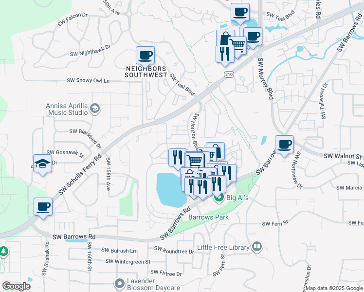 map of restaurants, bars, coffee shops, grocery stores, and more near 15270 Southwest Sparrow Loop in Beaverton