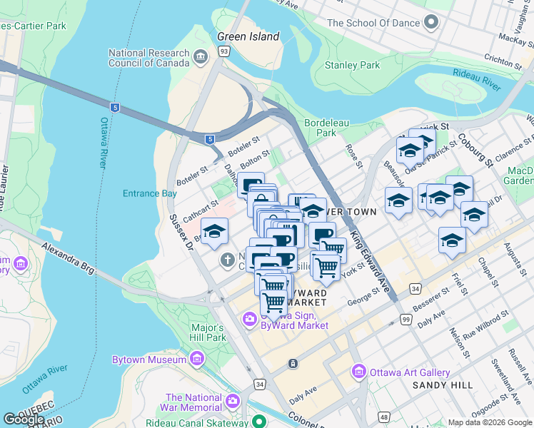 map of restaurants, bars, coffee shops, grocery stores, and more near in Ottawa
