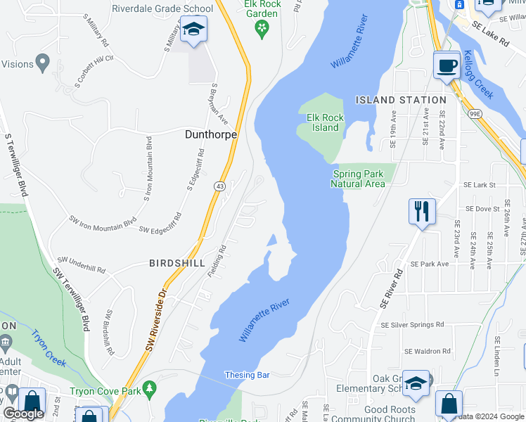 map of restaurants, bars, coffee shops, grocery stores, and more near 12950 South Fielding Road in Lake Oswego