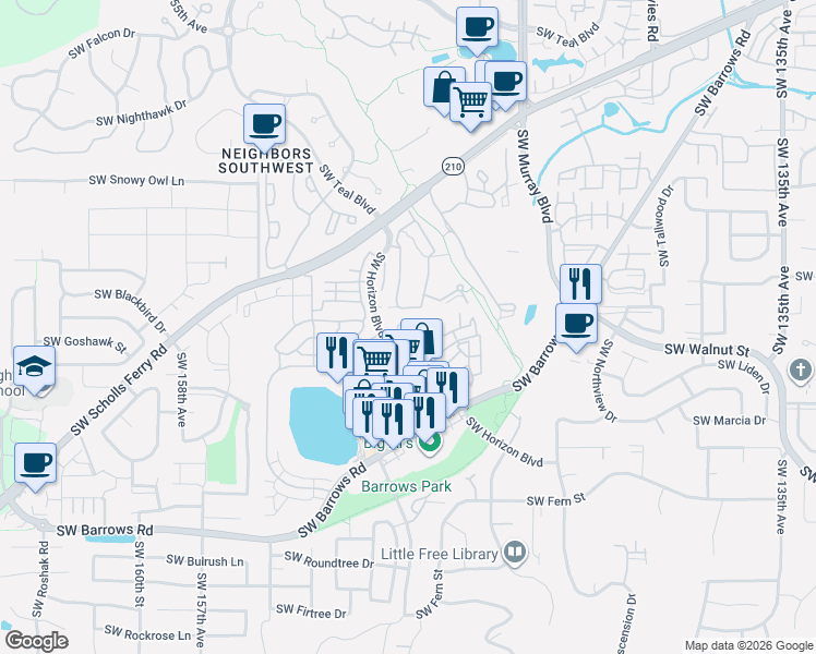 map of restaurants, bars, coffee shops, grocery stores, and more near 14810 Southwest Sandhill Loop in Beaverton