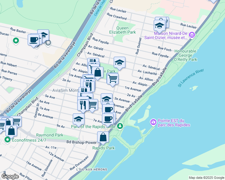 map of restaurants, bars, coffee shops, grocery stores, and more near 7575 Rue Édouard in Montréal