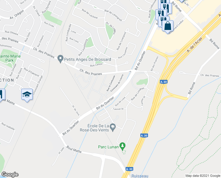 map of restaurants, bars, coffee shops, grocery stores, and more near 9055 Rue le Corbusier in Brossard