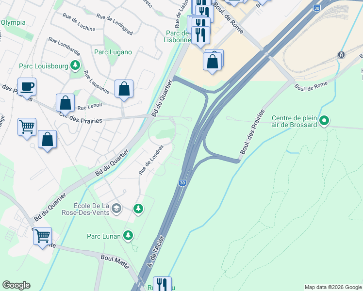 map of restaurants, bars, coffee shops, grocery stores, and more near 8085 Rue de Londres in Brossard