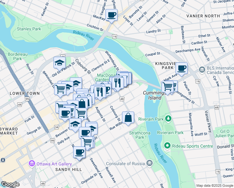 map of restaurants, bars, coffee shops, grocery stores, and more near in Ottawa