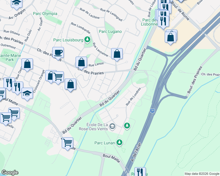 map of restaurants, bars, coffee shops, grocery stores, and more near 9055 Rue le Corbusier in Brossard