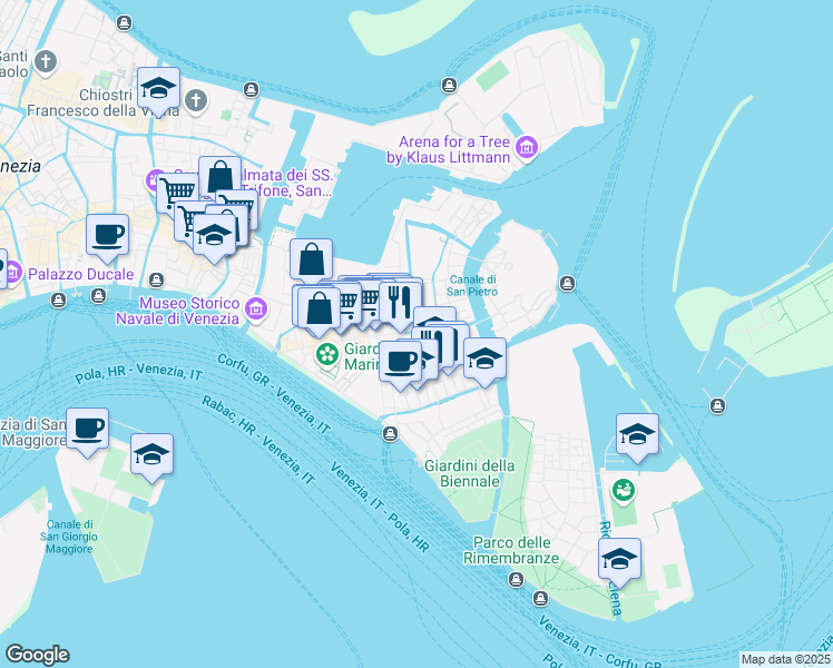 map of restaurants, bars, coffee shops, grocery stores, and more near Calle Ancore in Venice
