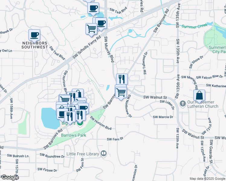 map of restaurants, bars, coffee shops, grocery stores, and more near 14475 Southwest Barrows Road in Beaverton