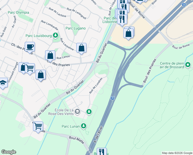 map of restaurants, bars, coffee shops, grocery stores, and more near 8080 Rue de Londres in Brossard