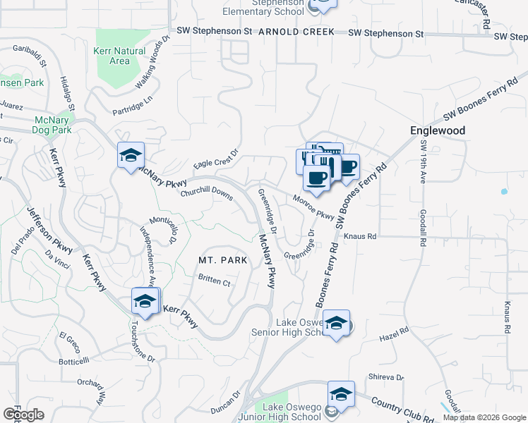 map of restaurants, bars, coffee shops, grocery stores, and more near 2 Churchill Downs in Lake Oswego