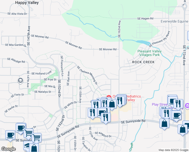 map of restaurants, bars, coffee shops, grocery stores, and more near 15737 Southeast Chelsea Morning Drive in Happy Valley