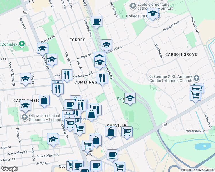 map of restaurants, bars, coffee shops, grocery stores, and more near 1020 Redtail Private in Ottawa