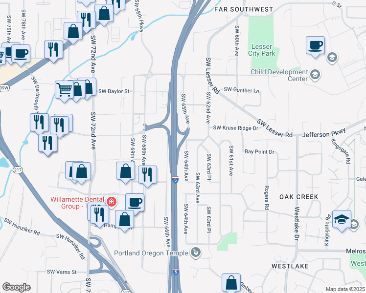map of restaurants, bars, coffee shops, grocery stores, and more near 12965 Southwest 64th Avenue in Portland