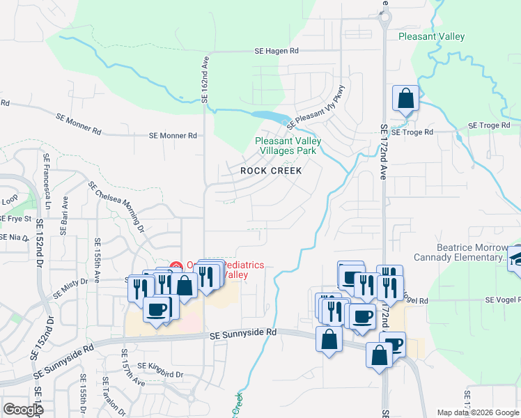 map of restaurants, bars, coffee shops, grocery stores, and more near 16504 Southeast Snow Blanket Terrace in Happy Valley