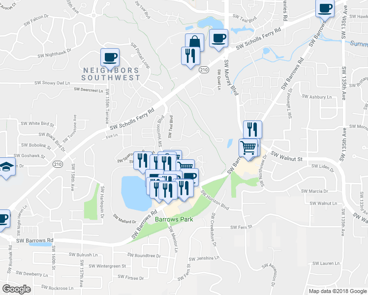 map of restaurants, bars, coffee shops, grocery stores, and more near 14620 Southwest Sandhill Loop in Beaverton