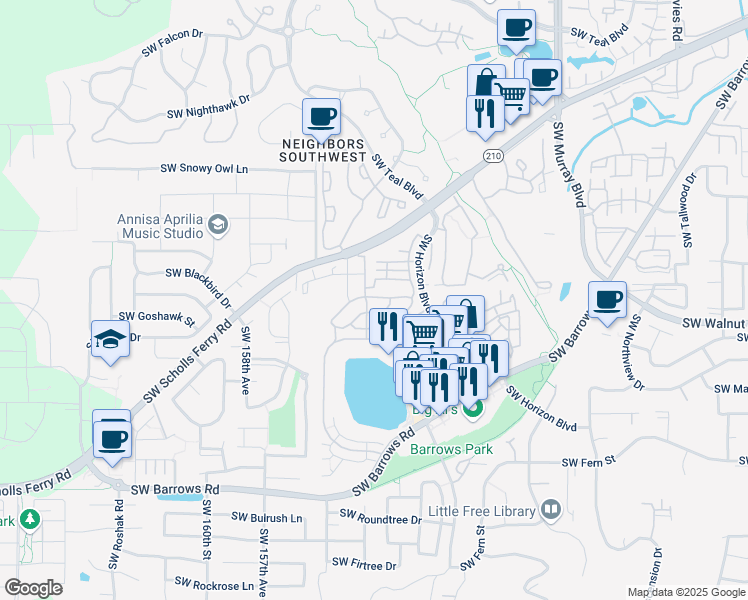 map of restaurants, bars, coffee shops, grocery stores, and more near 15270 Southwest Sparrow Loop in Beaverton