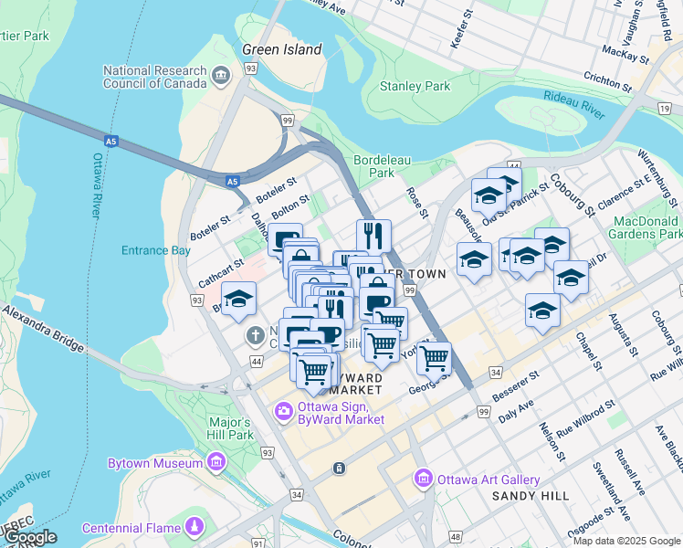 map of restaurants, bars, coffee shops, grocery stores, and more near 260 Rue Cumberland Street in Ottawa