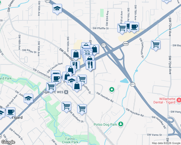 map of restaurants, bars, coffee shops, grocery stores, and more near 12060 Southwest Main Street in Tigard