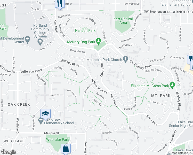 map of restaurants, bars, coffee shops, grocery stores, and more near 4101 Jefferson Parkway in Lake Oswego