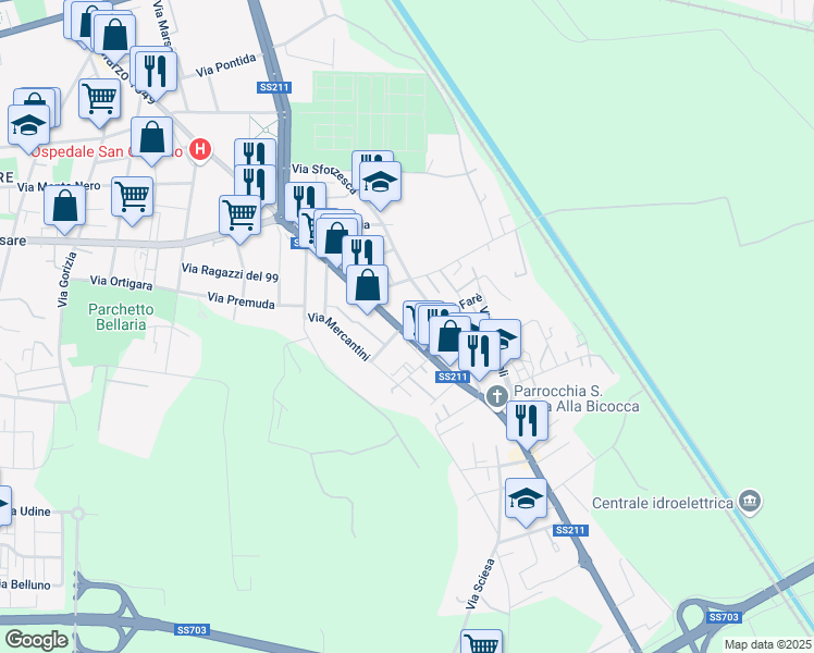 map of restaurants, bars, coffee shops, grocery stores, and more near 3-5 Via Silvio Spaventa in Novara