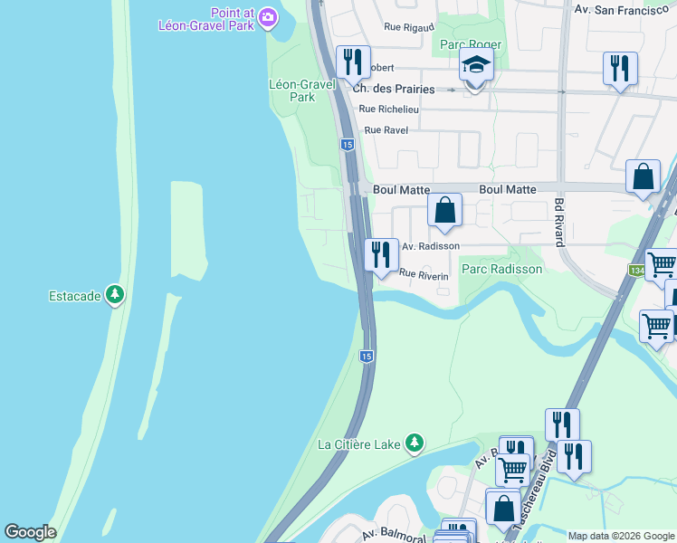 map of restaurants, bars, coffee shops, grocery stores, and more near in Brossard
