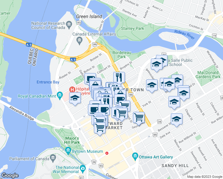 map of restaurants, bars, coffee shops, grocery stores, and more near 199 Guigues Avenue in Ottawa