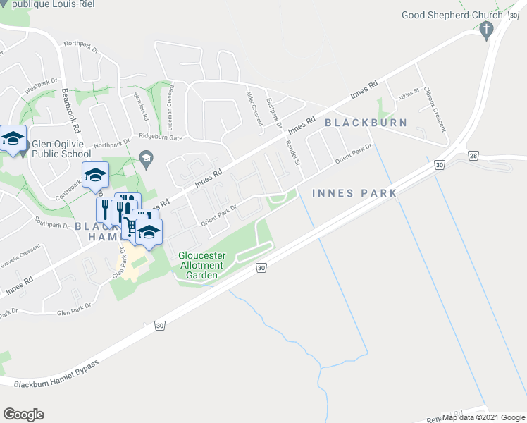 map of restaurants, bars, coffee shops, grocery stores, and more near 2014 Falkirk Crescent in Ottawa