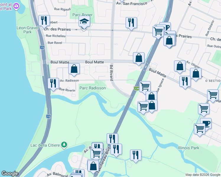 map of restaurants, bars, coffee shops, grocery stores, and more near 9540 Boulevard Rivard in Brossard