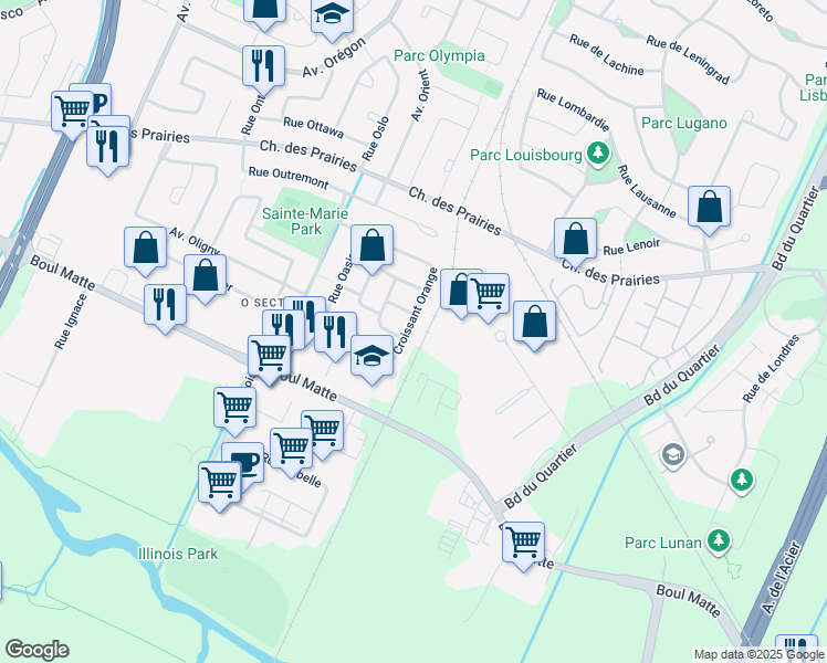 map of restaurants, bars, coffee shops, grocery stores, and more near 4530 Croissant Orange in Brossard