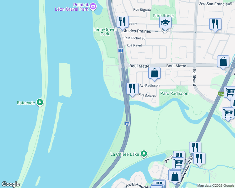 map of restaurants, bars, coffee shops, grocery stores, and more near 8800 Rue des Roseaux in Brossard