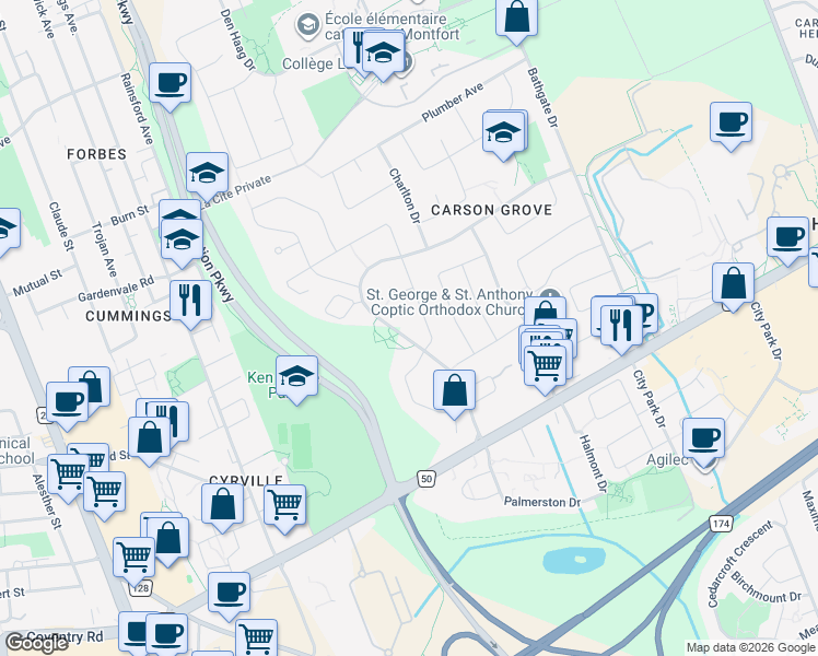 map of restaurants, bars, coffee shops, grocery stores, and more near 1258 Silvestri Crescent in Ottawa