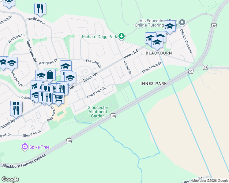 map of restaurants, bars, coffee shops, grocery stores, and more near 2014 Falkirk Crescent in Ottawa